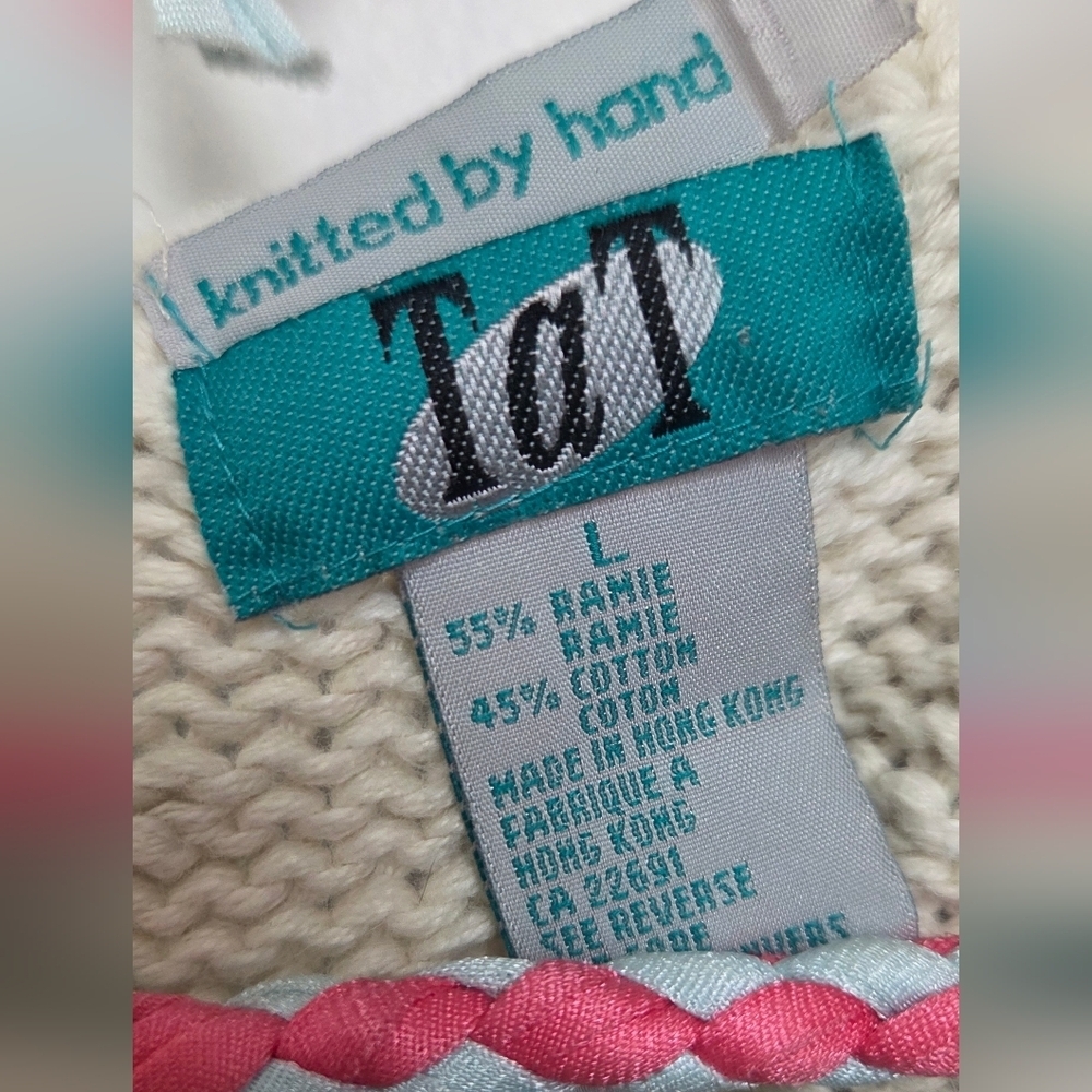 Vintage Tat Floral Hand Knitted Open Cardigan Coastal Sweater Sz L Ramie Blend - Picture 2 of 10